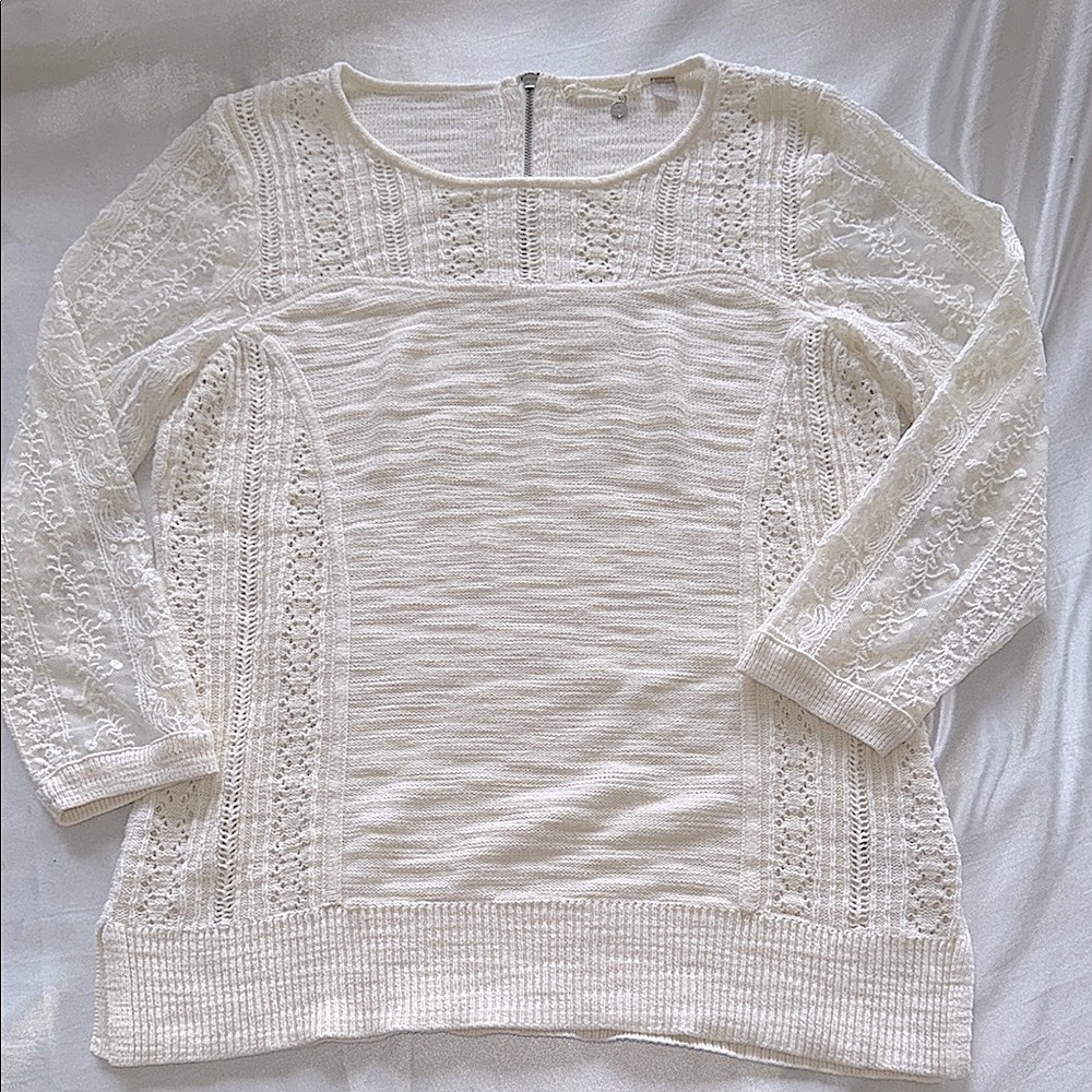Knitted & Knotted Coquette Cream Lace Sleeve Sweater Texture Cotton Rear Zip SzM - Picture 10 of 16